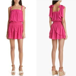 NWT Ramy Brook Kira smocked waist,tie strap mini dress in fushia Size L